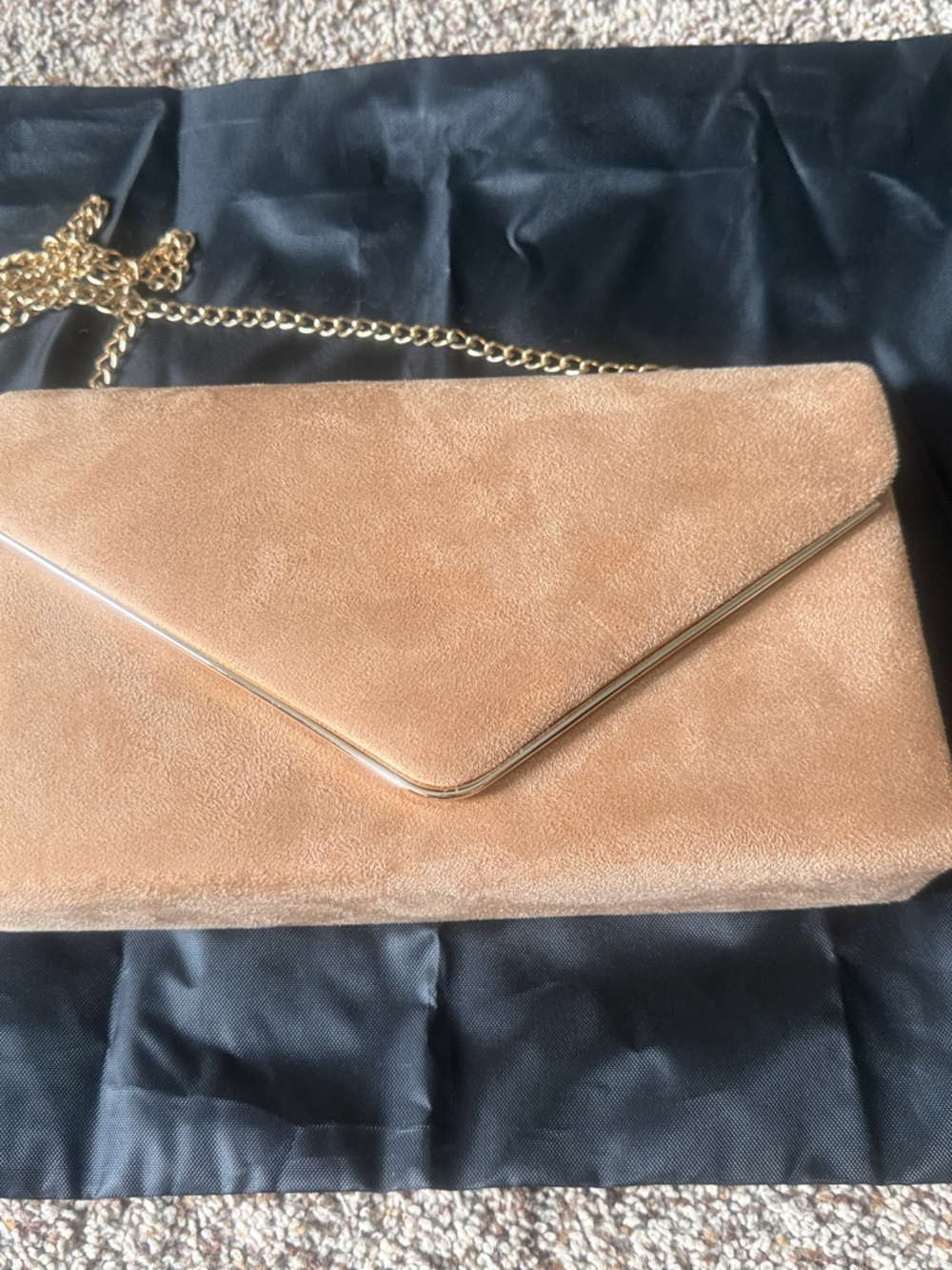 Tan Suede Envelope Clutch with Gold Chain